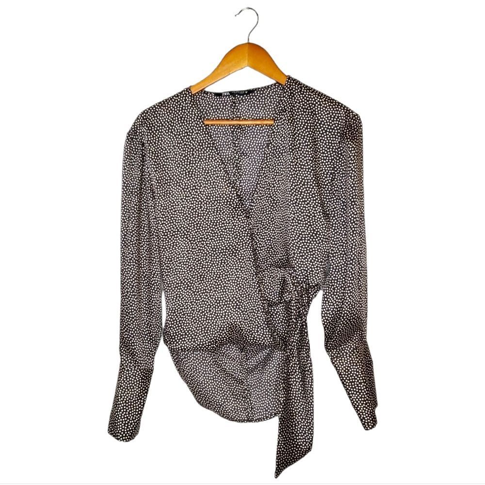 Zara Satin Micro Polka Dot Asymmetrical Cuff Long Sleeve Blouse Size S